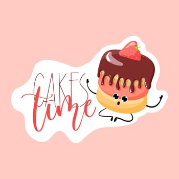 Cake time sticker. chocolate brownie with strawberries sticker. Bakery logo. Vector illustration of bakery and confectionery.