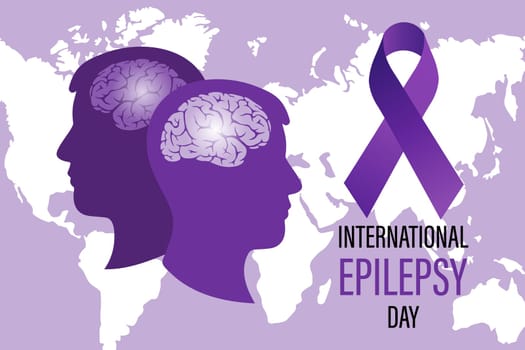 World Epilepsy Day. Human silhouette, brain and purple ribbon on the background of the world map. Medical healthcare concept. Poster, banner, vector
