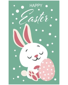 Cute easter bunny on a polka dot background. Greeting card, holiday poster, cartoon children's style