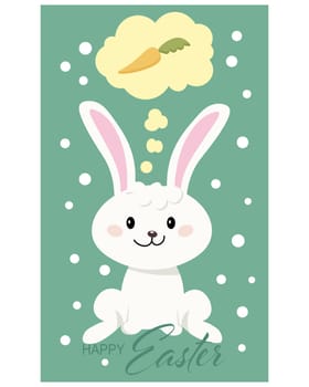 Cute easter bunny on a polka dot background. Greeting card, holiday poster, cartoon children's style