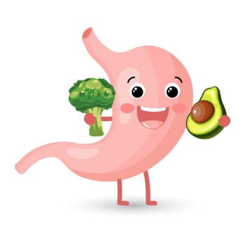 Strong healthy happy stomach with broccoli and avocado. Flat cartoon illustration icon design.