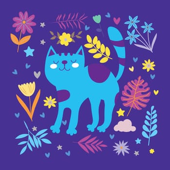 Colorful card with cat and flowers on dark background Scandinavian cartoon style. For web, posters, invitations, postcards, greeting cards, flyers, etc. EPS
