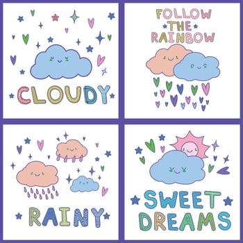 Cute cards set with hand drawn clouds kawaii . Can be used for baby shower, birthday, babies clothes, notebook cover design. Vector cartoon style EPS