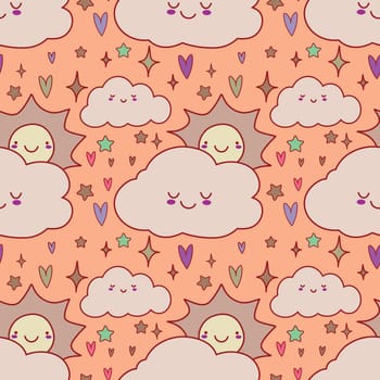 Cute colorful cloud smiling face kawaii seamless pattern background with stars and hears, vector illustration EPS