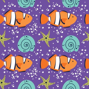 Whimsical seamless pattern on purple background with fish and bubbles. Vector illustration. EPS Sea life