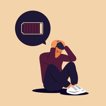 Professional burnout syndrome. Illustration tired, frustrated man. Mental health problems. Vector illustration in flat.