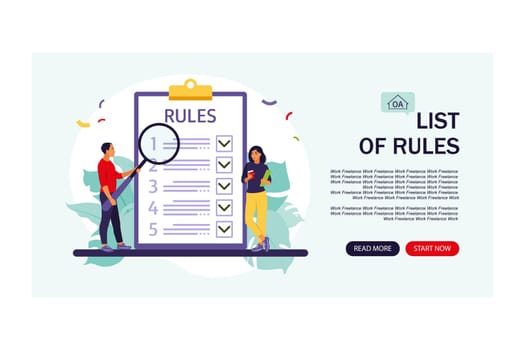 People studying list of rules, making checklist, reading guidance. Landing page. Vector illustration. Flat style