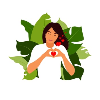Self-love concept. Young girl making hand heart symbol with her fingers that express love and acceptance. Flat vector.