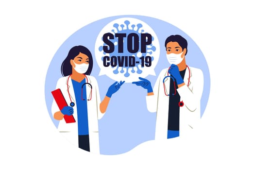 Stop Covid19 virus. New strain of coronavirus. Practitioner young doctors consult and diagnose. Vector illustration. Flat.
