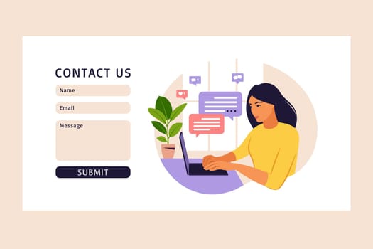 Contact us form template for web. Freelancer girl working at home on laptop. Online customer support, help desk concept and call center. Vector illustration in flat.