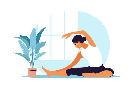 Young woman practices yoga. Physical and spiritual practice. Vector illustration in flat cartoon style.