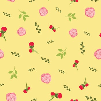 Rose floral repeat vector pattern on yellow background