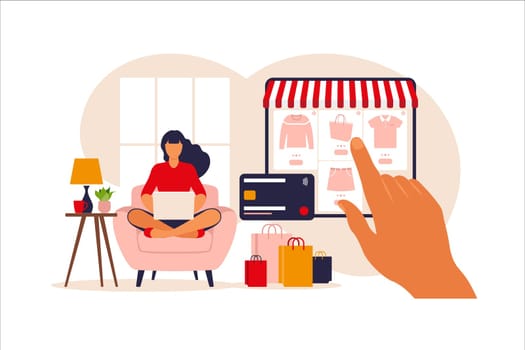 Woman shopping online on laptop. Vector illustration. Online store payment. Bank credit cards. Digital pay technology. E-paying.