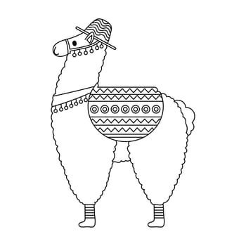 Cute lama in a hat with a saddle. Symbol of Mexico and Peru. Sketch for coloring