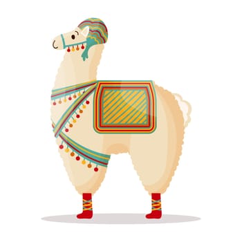 Cute llama in a hat with a saddle, mexican alpaca. Symbol of Mexico and Peru.