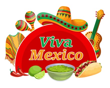 Viva Mexico colorful banner with symbols of Mexico, tacos, ponchos, guitar, sombrero and maracas.