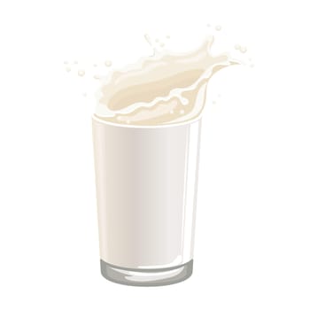 Glass with milk and milk splash on a white background. Healthy drink icon, illustration
