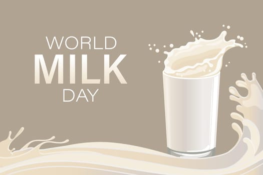 Poster for world milk day with jug and glass of milk on brown background. Banner
