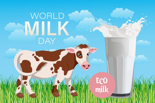 World Milk Day, banner. Spotted cow in the meadow, glass with milk splash and text.
