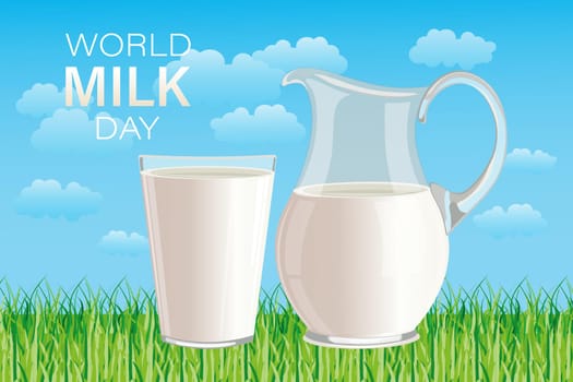 Poster for world milk day with a jug and a glass of milk on the background of a rural landscape
