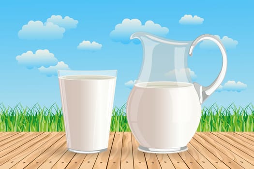 A glass of milk and a jug of milk on a wooden table against the backdrop of a summer landscape.
