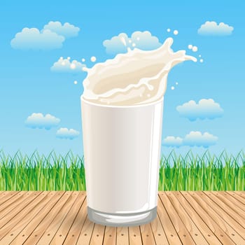 A glass of milk on a wooden table against the backdrop of a summer landscape.