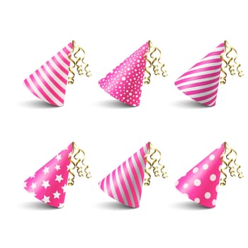 Vector 3d Realistic Pink and White Birthday Party Hat Icon Set Isolated on White Background. Party Cap Design Template for Party Banner, Greeting Card. Holiday Hats, Cone Shape, Front View