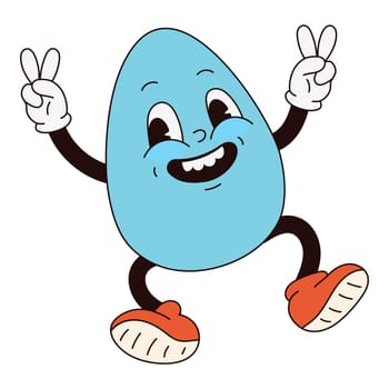 Retro groovy easter egg mascot in trendy cartoon 60s 70s style. Old classic cartoon style. Flat vector illustration in blue, red colors.