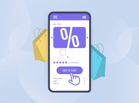 eCommerce app - convenience of mobile commerce concept. E-shopping mobile commerce application with realistic product page, cursor clicking on add to cart button and shopping bag on the background