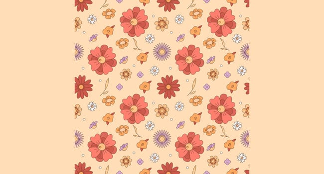 Retro flowers seamless pattern on orange background