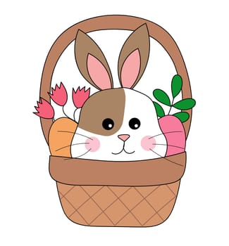 Easter Bunny. The rabbit sits in basket with flowers and eggs. Illustration vector animals for icons, stickers, postcards.