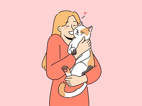 Happy woman hug cute cat