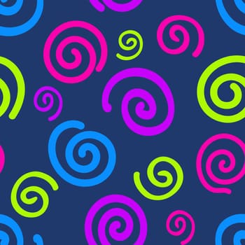 Seamless pattern with a bright colorful acid spirals on dark blue background.