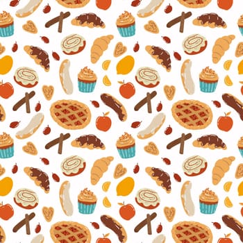 Seamless pattern of bakery products for tea party.