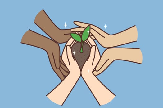Multiracial people holding soil with seedling care about environment. Diverse interracial hands with ground in hands. Planet conservation. Vector illustration.