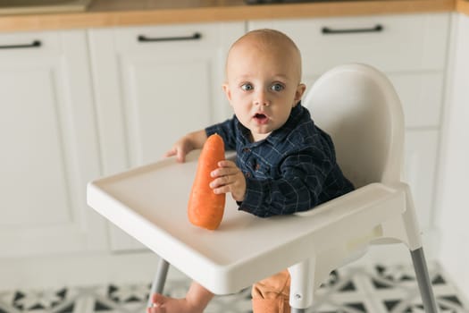 Baby boy sitting in baby chair eating carrot on kitchen background copy space - baby feeding concept