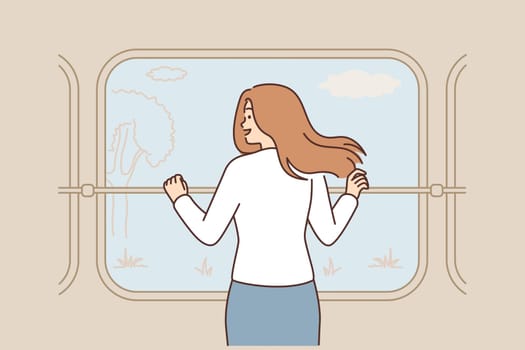 Smiling woman ride in train look in window at beautiful nature. Happy female enjoy view from transport window. Vector illustration.