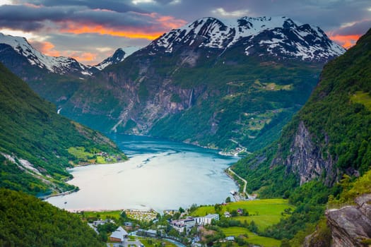 Geiranger fjord and village at sunset, Norway, Northern Europe