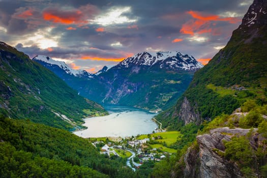 Geiranger fjord and village at sunset, Norway, Northern Europe