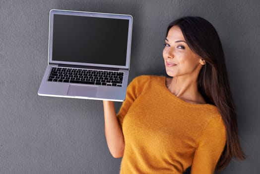 Tech that suits my needs. Portrait of an attractive young woman holding up a laptop with a blank screen.