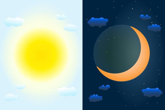 Day and night sky. Sun and moon as vernal or autumnal equinox day concept.