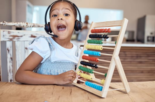 Headphones, abacus and girl learning in home in video call, online class or distance learning. Portrait, education or child with headset and wood calculator tool for studying math in webinar at house