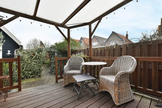 a covered deck with wicker chairs and a table