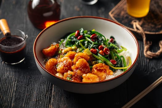 Asian rice dish with shrimp and spinach