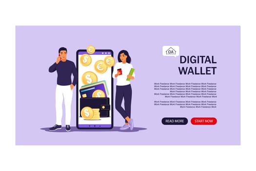 Digital wallet concept. Landing page. Young people pays card using mobile payment. Vector illustration. Flat.