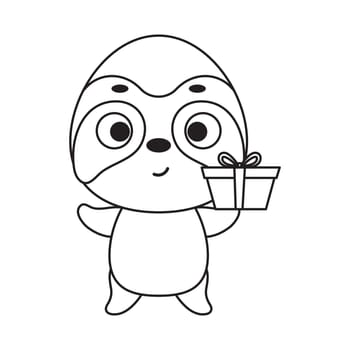 Coloring page cute little sloth with gift box. Coloring book for kids. Educational activity for preschool years kids and toddlers with cute animal. Vector stock illustration