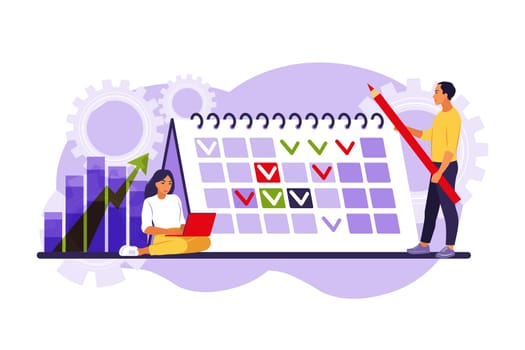 Timing and project scheduling. Concept of time management, work planning method, organization of daily goals and accomplishments. Vector illustration. Isolated flat.
