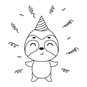 Coloring page cute little sloth in birthday hat. Coloring book for kids. Educational activity for preschool years kids and toddlers with cute animal. Vector stock illustration