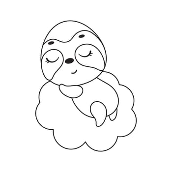 Coloring page cute little sloth sleeping on cloud. Coloring book for kids. Educational activity for preschool years kids and toddlers with cute animal. Vector stock illustration