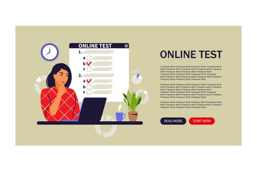 Concept online testing, e-learning, examination on computer. Landing page. Vector illustration. Flat